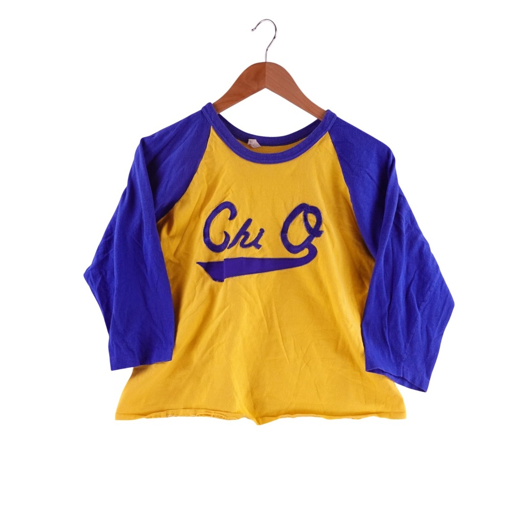 True Vintage 70s Southern Athletic Chi Omega Raglan Shirt Yellow Blue Mens M USA